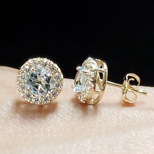 14Kt Gold Natural Aquamarine Earrings, Aquamarine Halo Earrings, Aquamarine Studs, March Birthstone Earrings, Last Minute Gifts