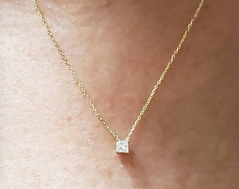 Princess Cut Diamond Necklace, 14Kt Gold 0.10 Ct Diamond Square Solitaire Pendant, Genuine Natural Diamond Necklace