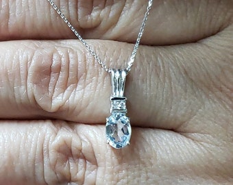 14Kt Gold Natural Aquamarine Necklace, Aquamarine Diamond Necklace, Aquamarine Oval Pendant, March Birthstone Necklace