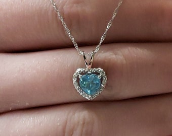 14Kt Gold Blue Topaz Necklace, Topaz Diamond Necklace, Topaz Heart Pendant, November Birthstone Necklace