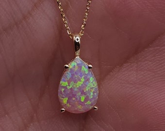 14Kt Gold Pink Opal Teardrop Necklace, Opal Pendant, October Birthstone Necklace