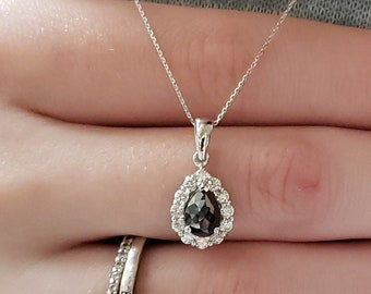 1.26 Ct Rose Cut Black Diamond & White Diamond Pendant, 14K Gold Black Diamond Necklace, Teardrop Diamond Necklace