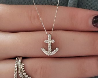 14K Gold 0.35 Ct Diamond Necklace, Anchor Diamond Cross Necklace, Lab Grown Diamond Pendant