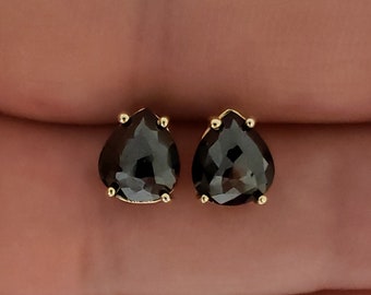 14Kt Gold 3.50 Ct Black Diamond Earrings, Natural Rose Cut Black Diamond Earrings, Teardrop Black Diamond Earrings, Black Diamond Studs