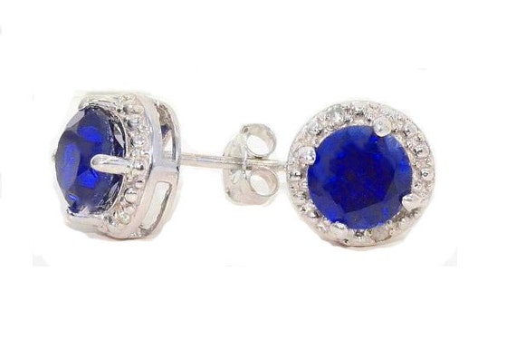 2 Ct Blue Sapphire & Diamond Round Stud Earrings, September Birthstone Earrings