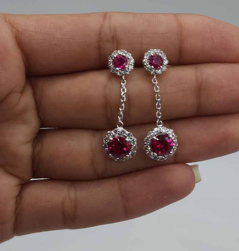 1.68 Ct Diamond Earrings, 14Kt Gold Lab Grown Diamond Earrings, Ruby Diamond Halo Dangle Stud Earrings image 1