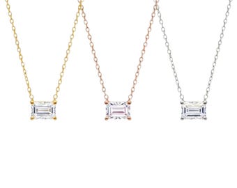 0.50 Ct Diamond Necklace, 14K Gold Lab Grown Diamond Solitaire Pendant, East West, Emerald Cut Diamond Necklace