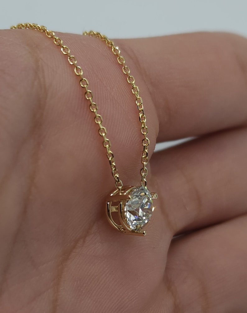 14K Gold 1 Ct Diamond Necklace, Lab Grown Diamond Pendant, 3 Prong Diamond Solitaire Necklace image 4