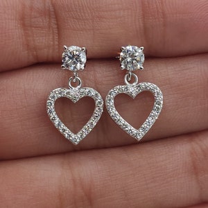 14Kt Gold Diamond Earrings, 0.75 Ct Diamond Open Heart Earrings, Lab Grown Diamond Dangle Stud Earrings