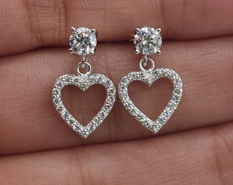 14Kt Gold Diamond Earrings, 0.75 Ct Diamond Open Heart Earrings, Lab Grown Diamond Dangle Stud Earrings