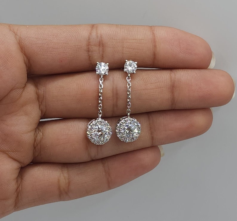 1.96 Ct Diamond Earrings, 14Kt Gold Lab Grown Diamond Earrings, Diamond Halo Dangle Stud Earrings image 1