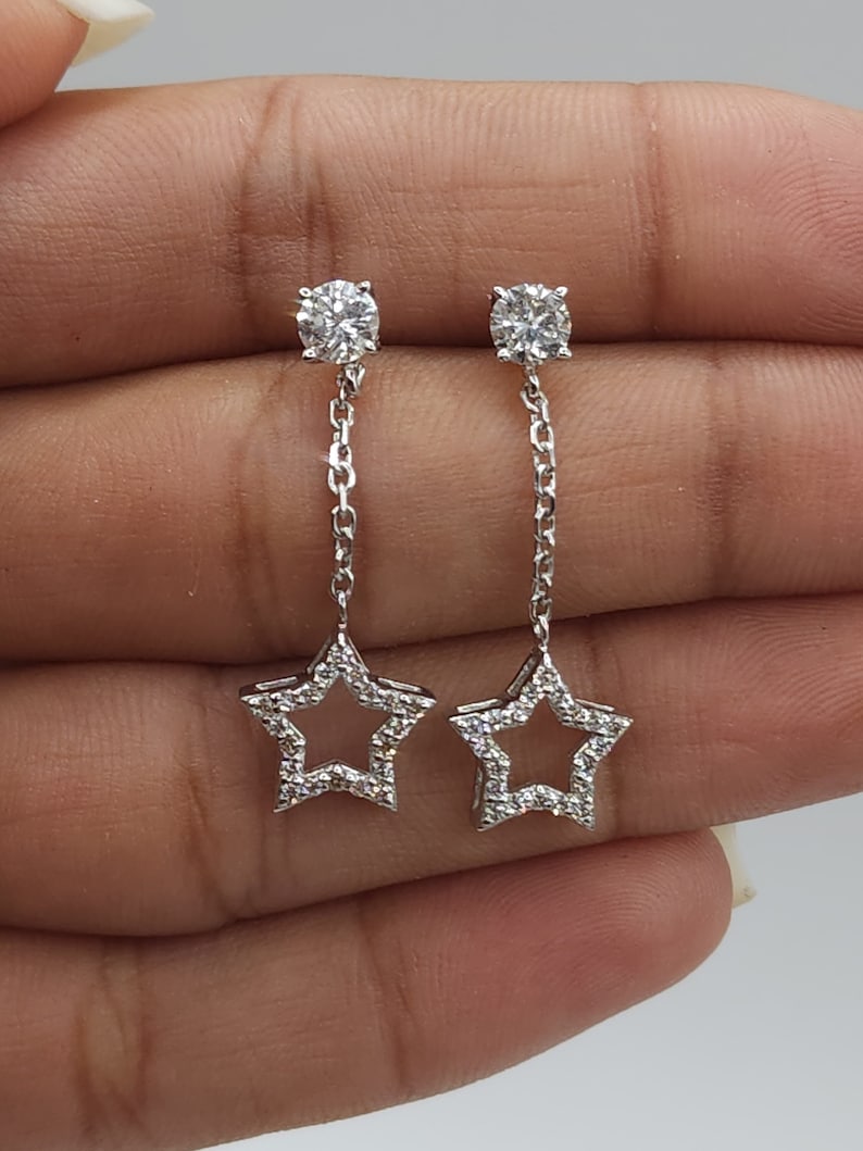 0.90 Ct Diamond Earrings, 14Kt Gold Lab Grown Diamond Earrings, Open Star Diamond Dangle Stud Earrings image 1