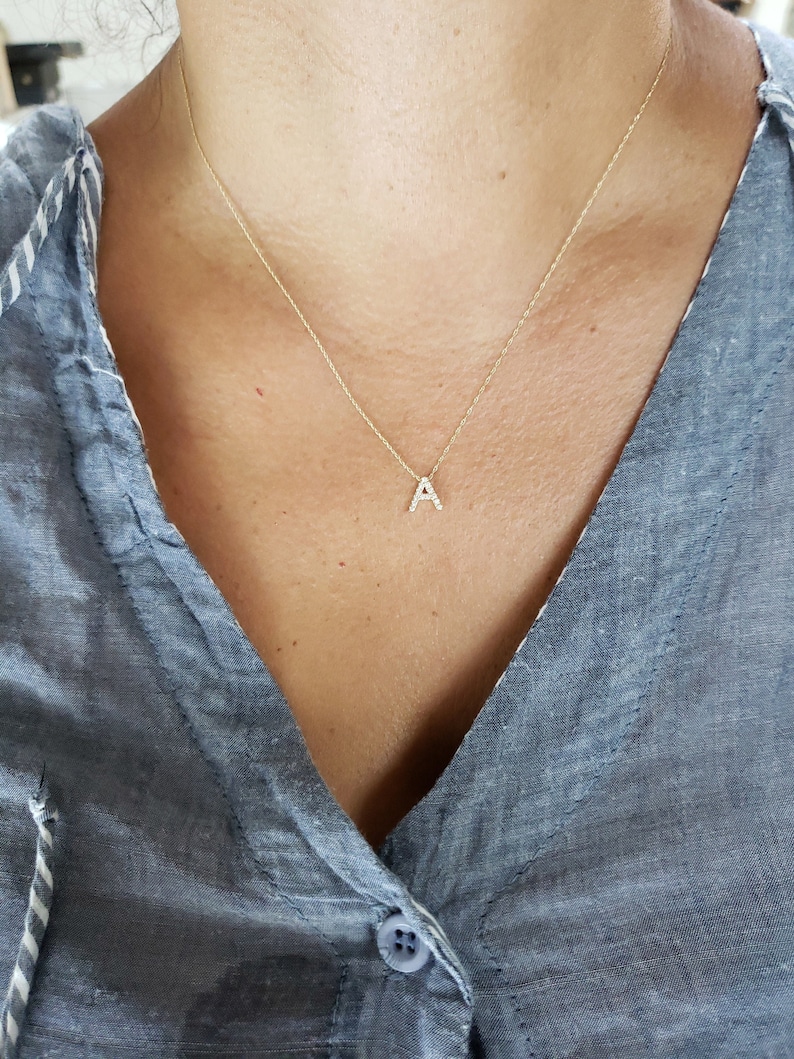 14Kt Gold Diamond Initial Necklace, Letter Necklace, Gold Diamond Necklace, Natural Diamond Necklace, Beautiful Necklace image 3