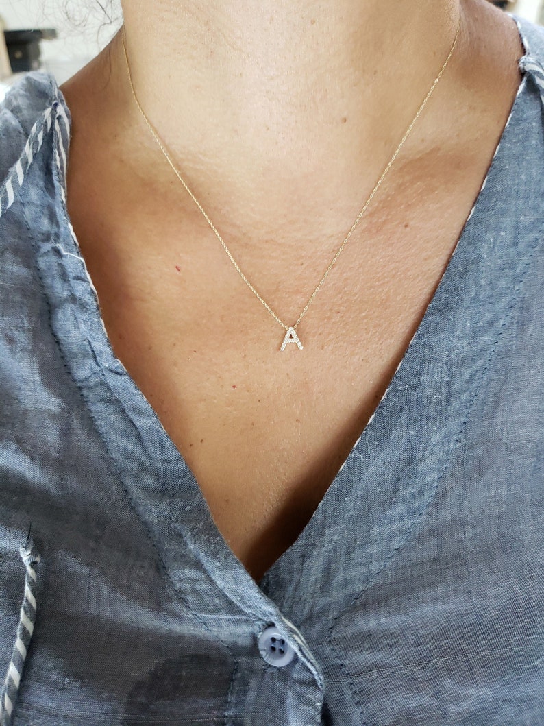 14Kt Gold Diamond Initial Necklace, Letter Necklace, Gold Diamond Necklace, Natural Diamond Necklace, Beautiful Necklace image 2