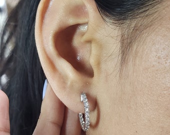 1 Ct Diamond Hoop Earrings, 14Kt Solid Gold Huggie Earrings, Lab Grown Diamond Hoop Earrings, Inside & Outside Diamonds