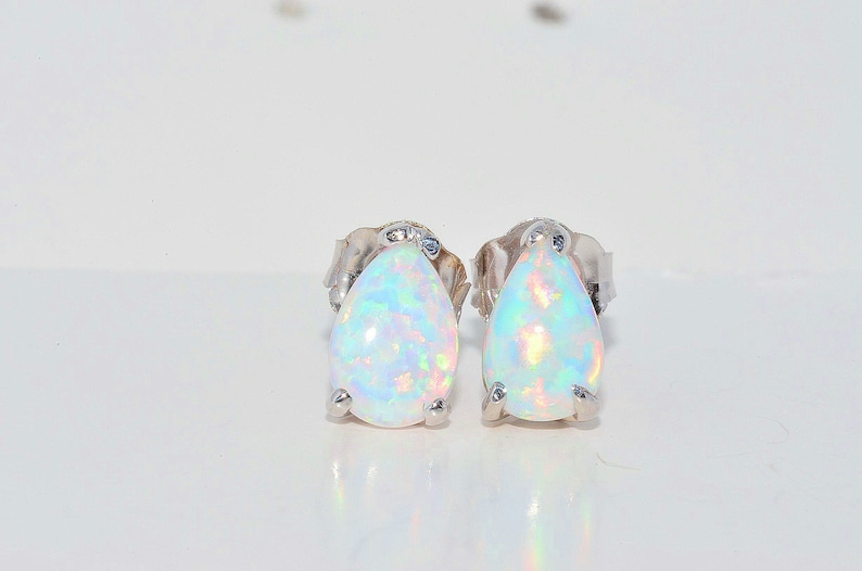 14K Gold Opal Earrings, Opal Gold Earrings, Opal Teardrop Stud Earrings, October Birthstone Earrings image 3