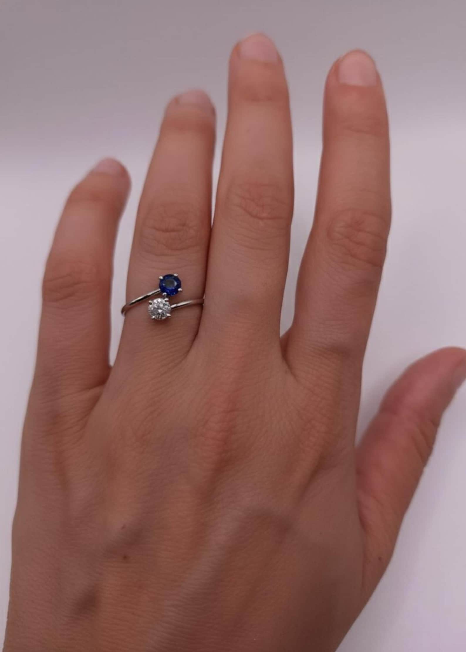 Daime Rind Blue Sapphire & Diamond Ring, 14K Gold 2 Stone Diamond Bypass Ring, Lab ...