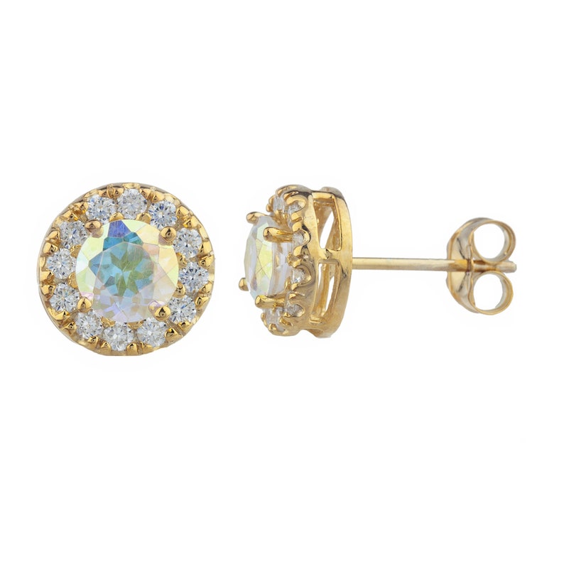 1 Ct Natural Mercury Mist Mystic Topaz Halo Design Stud Earrings Gift For Her Bridesmaid Bridal Wedding 14Kt Yellow Gold Rose Gold Silver