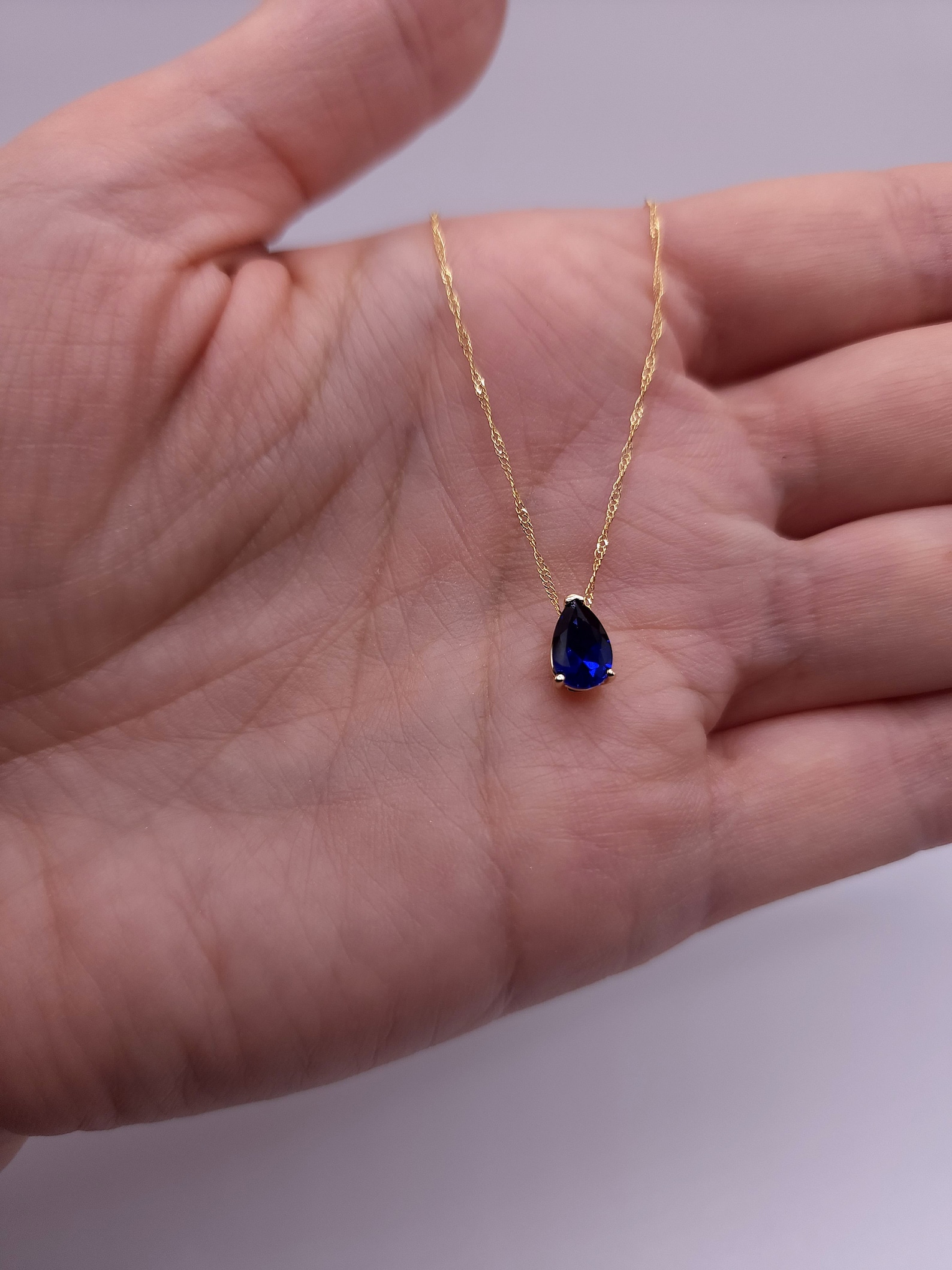 14kt Gold Blue Sapphire Teardrop Necklace Sapphire Pendant Etsy