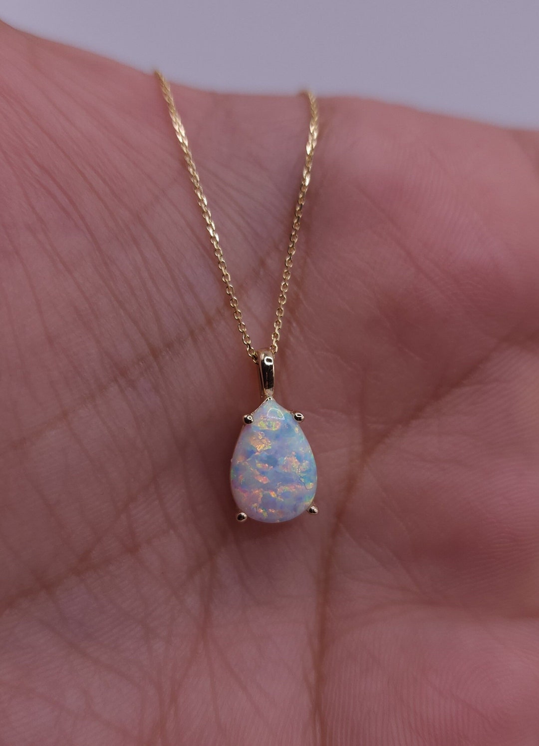 14kt Gold Opal Teardrop Necklace, Opal Pendant, October Birthstone