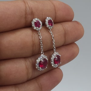 1.68 Ct Diamond Earrings, 14Kt Gold Lab Grown Diamond Earrings, Ruby Diamond Halo Dangle Stud Earrings image 2