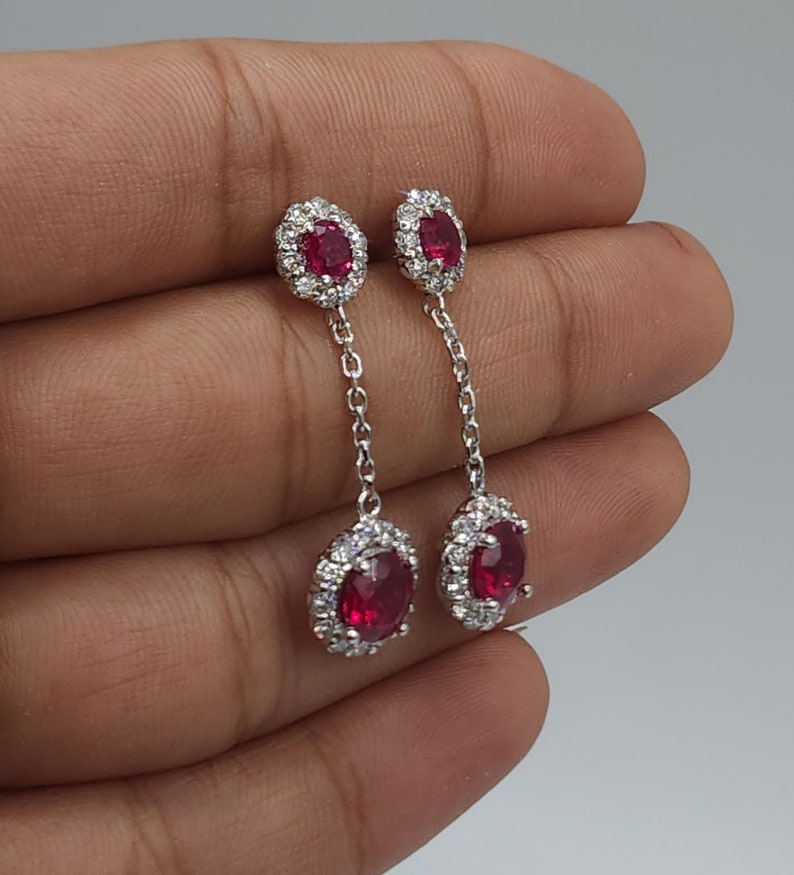 1.68 Ct Diamond Earrings, 14Kt Gold Lab Grown Diamond Earrings, Ruby Diamond Halo Dangle Stud Earrings image 2