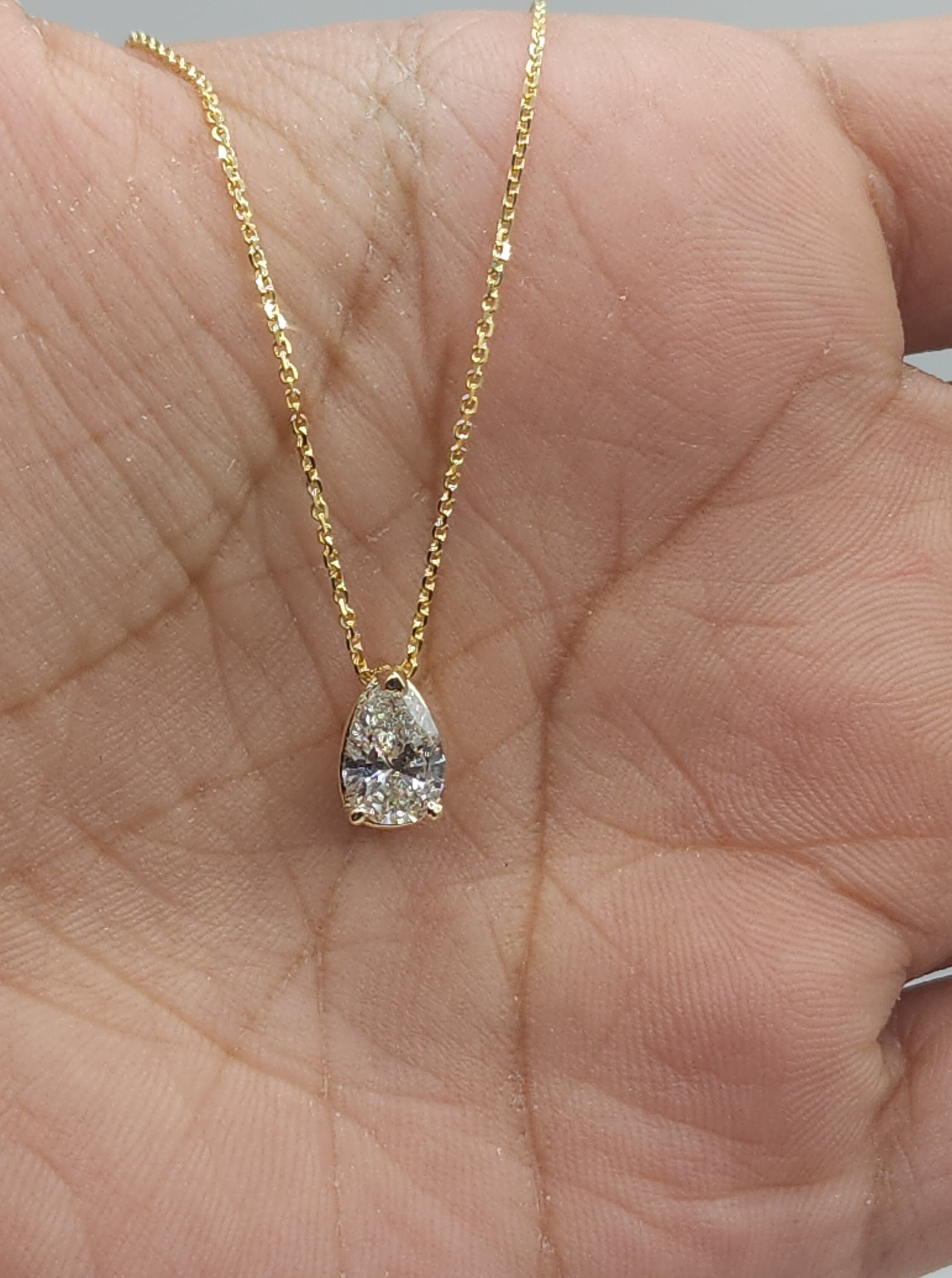 14K Gold 0.72 Ct Diamond Necklace, 14K Gold Lab Grown Diamond Solitaire Pendant, Teardrop Diamond Necklace