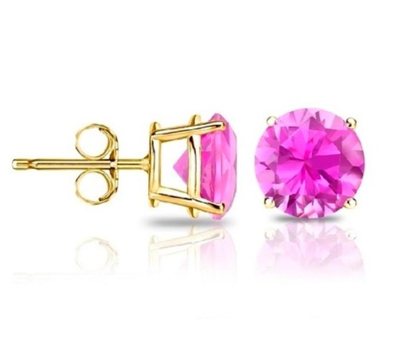14Kt Yellow Gold Pink Sapphire Round Stud Earrings Dainty Gift For Her Bridesmaid Bridal Wedding Jewelry