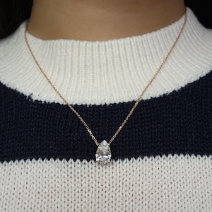 Pear Shape Diamond Necklace, 14K Gold 2 Ct IGI Certified Lab Grown Diamond Solitaire Attached On Chain, Teardrop Pear Diamond Necklace