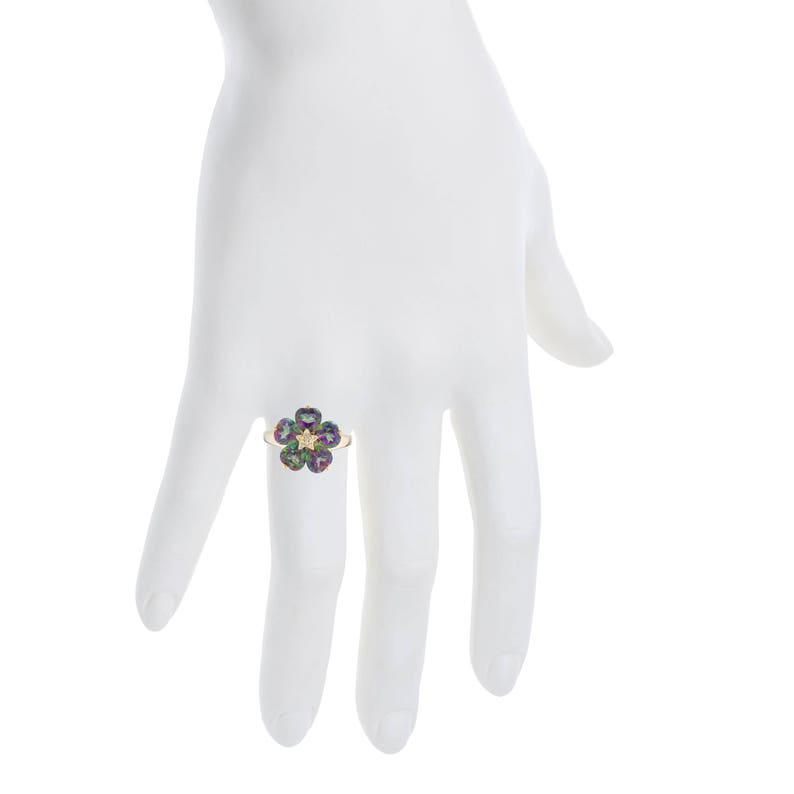 14Kt Yellow Gold Plated 5 Hearts Natural Mystic Topaz /& Diamond Heart Flower Design Ring Gift For Her Jewelry Fashion Trend