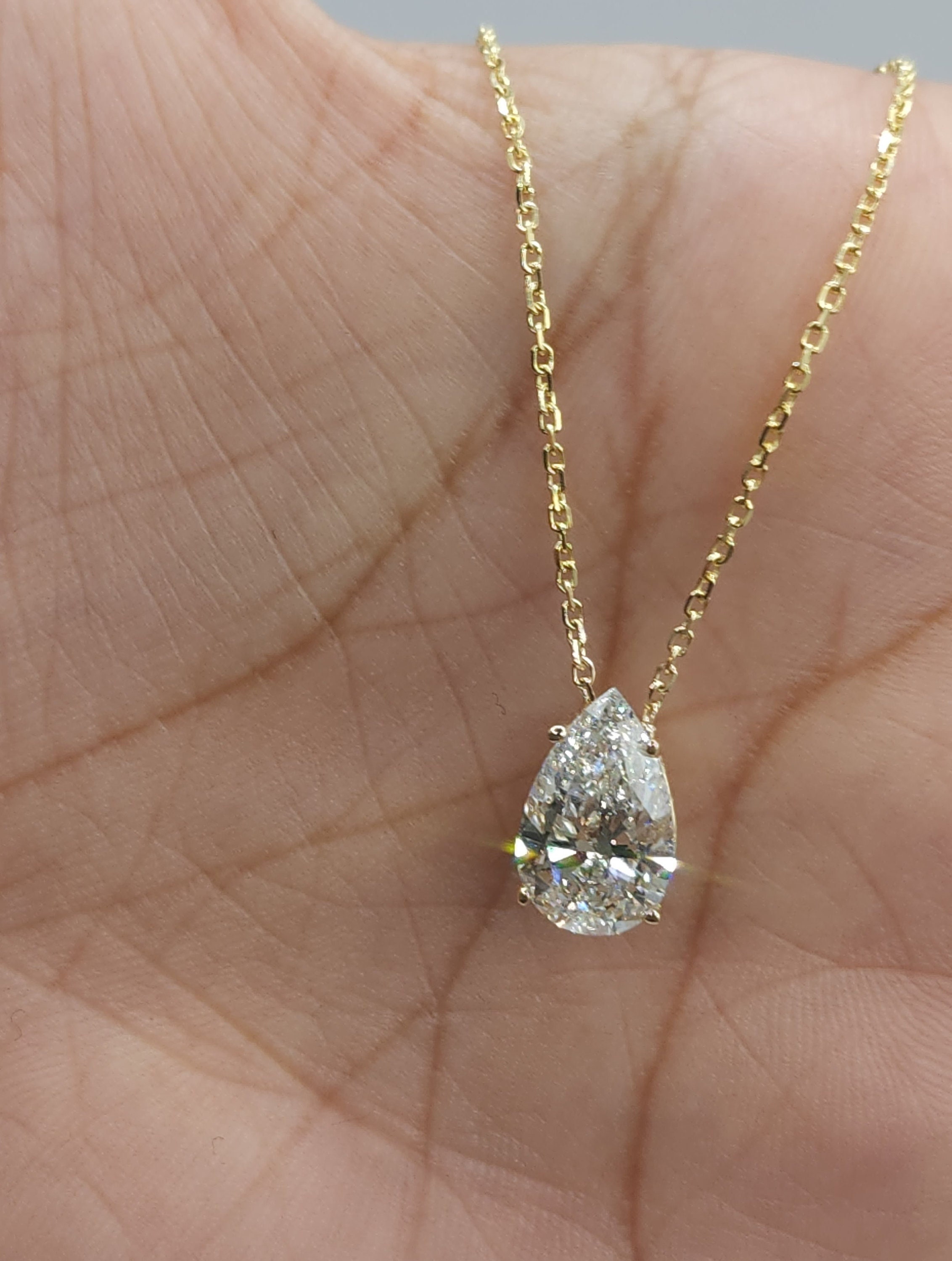 2 Ct Diamond Necklace, 14K Gold IGI Certified Lab Grown Diamond Solitaire Pendant, Attached On Chain, Teardrop Diamond Necklace