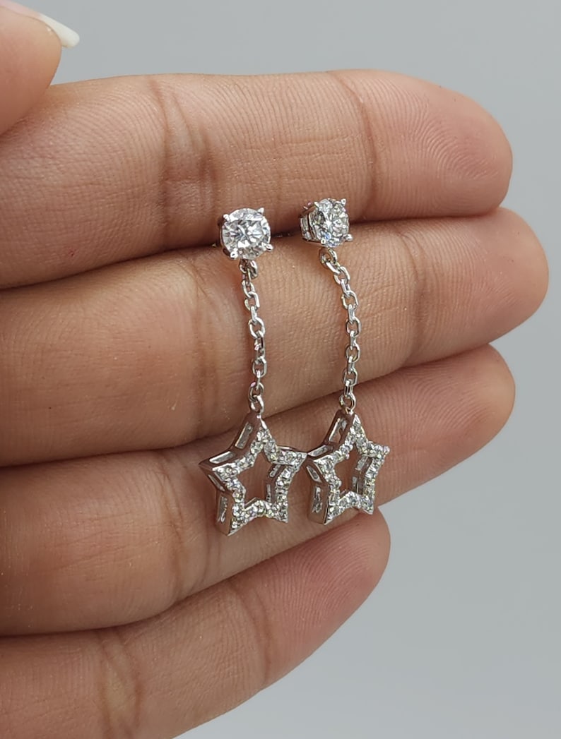 0.90 Ct Diamond Earrings, 14Kt Gold Lab Grown Diamond Earrings, Open Star Diamond Dangle Stud Earrings image 6