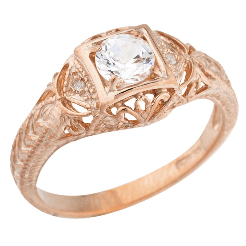 14Kt Gold Zirconia /& Diamond Design Round Ring