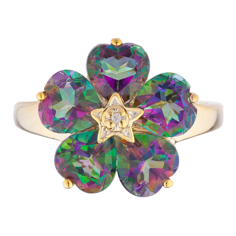 14Kt Yellow Gold Plated 5 Hearts Natural Mystic Topaz /& Diamond Heart Flower Design Ring Gift For Her Jewelry Fashion Trend