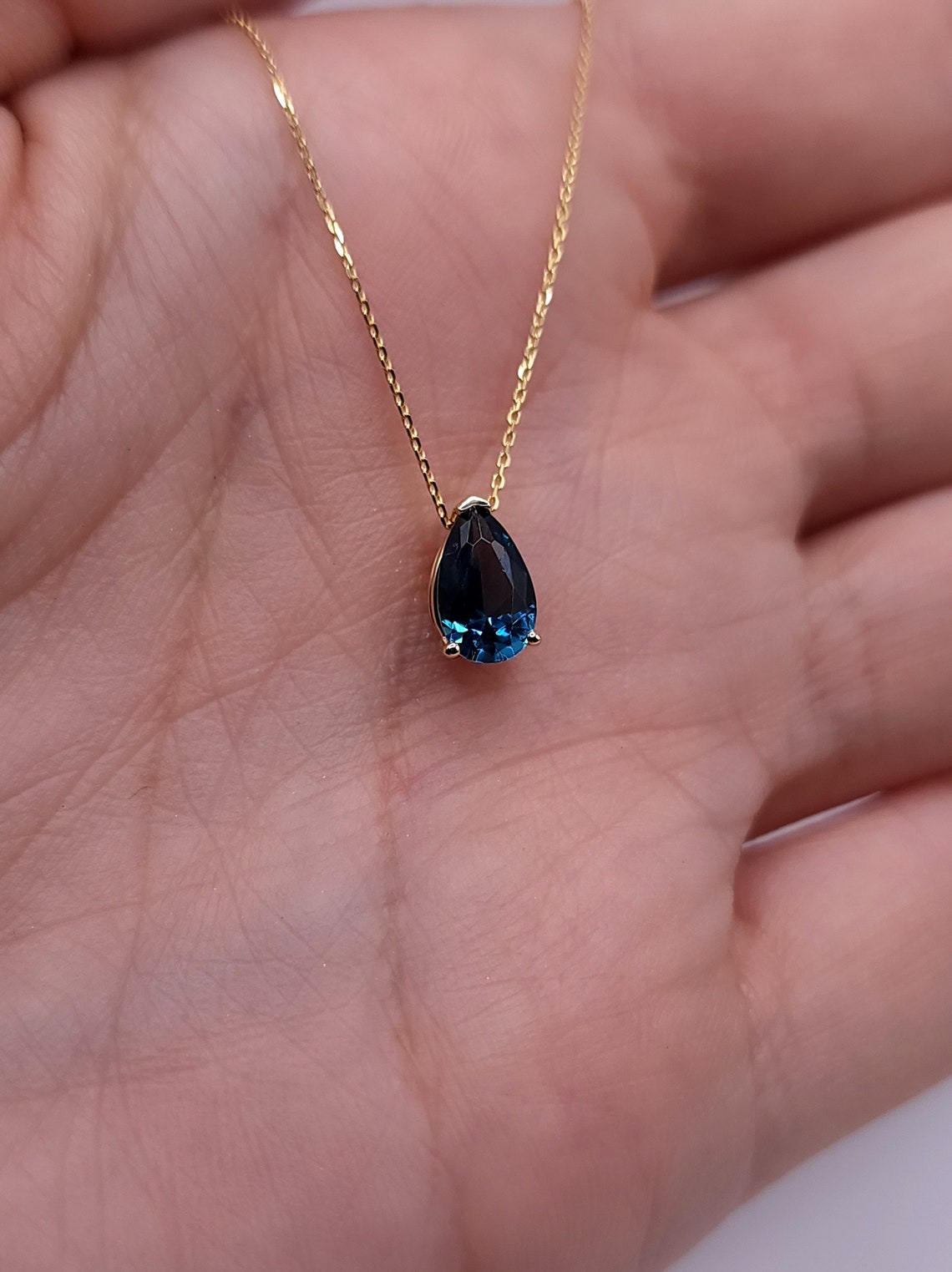 14kt Gold London Blue Topaz Teardrop Necklace Topaz Pendant Etsy