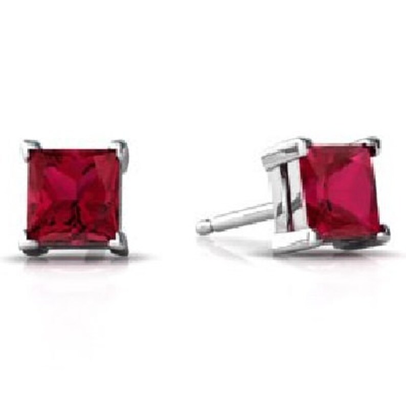 White Gold 2 Carat Ruby Princess Cut Stud Earrings .925 Sterling Silver Dainty Gift For Her Bridesmaid Bridal Wedding Jewelry