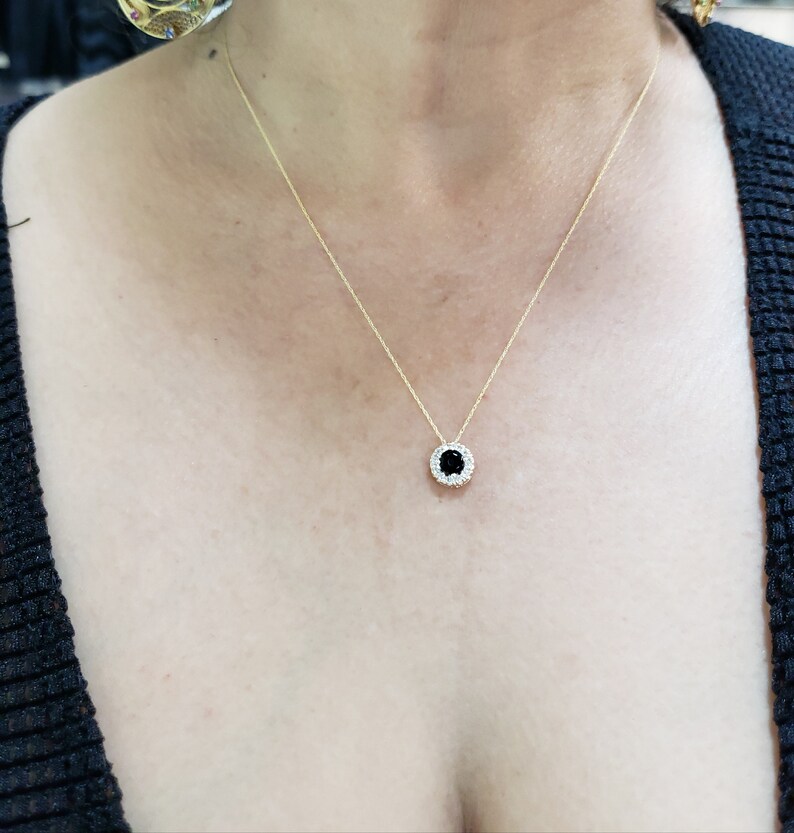 14Kt Gold 0.50 Ct Genuine Black Onyx Halo Design Pendant Necklace Gift For Her Dainty Bridesmaid Bridal Wedding Jewelry
