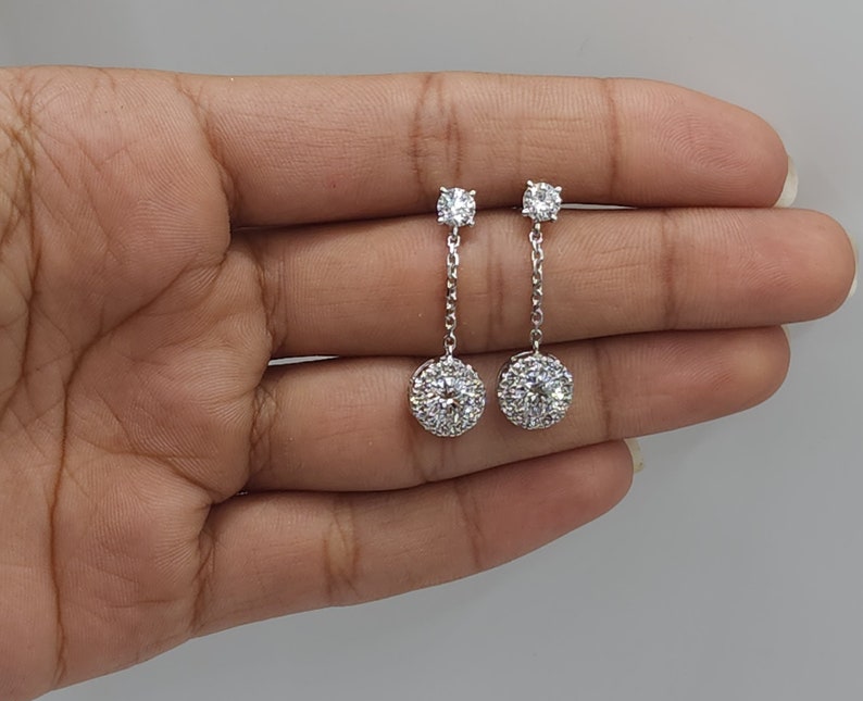 1.96 Ct Diamond Earrings, 14Kt Gold Lab Grown Diamond Earrings, Diamond Halo Dangle Stud Earrings image 2