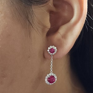 1.68 Ct Diamond Earrings, 14Kt Gold Lab Grown Diamond Earrings, Ruby Diamond Halo Dangle Stud Earrings image 3