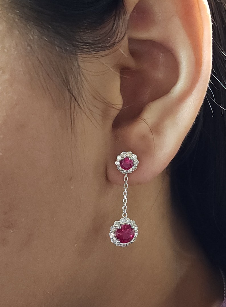 1.68 Ct Diamond Earrings, 14Kt Gold Lab Grown Diamond Earrings, Ruby Diamond Halo Dangle Stud Earrings image 3