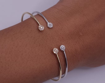 14K Gold Diamond Bangle, Genuine Natural Diamond Bracelet, Cluster Diamond Bracelet, Open Cuff Bangle