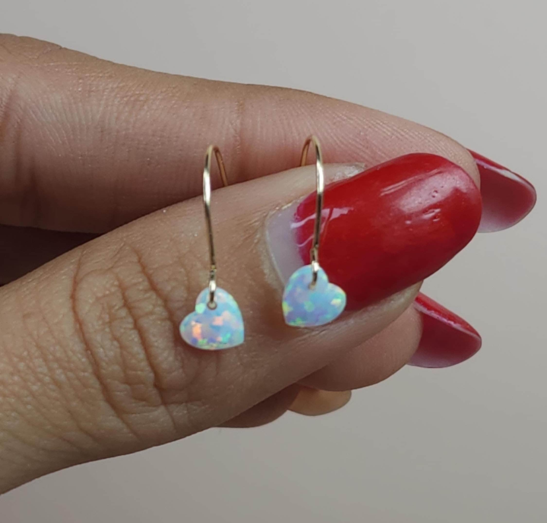 14K Gold Opal Earrings, Opal Heart Earrings, Opal Dangle Earrings, Opal Drop Earrings, Opal Earrings, October Birthstone Earrings