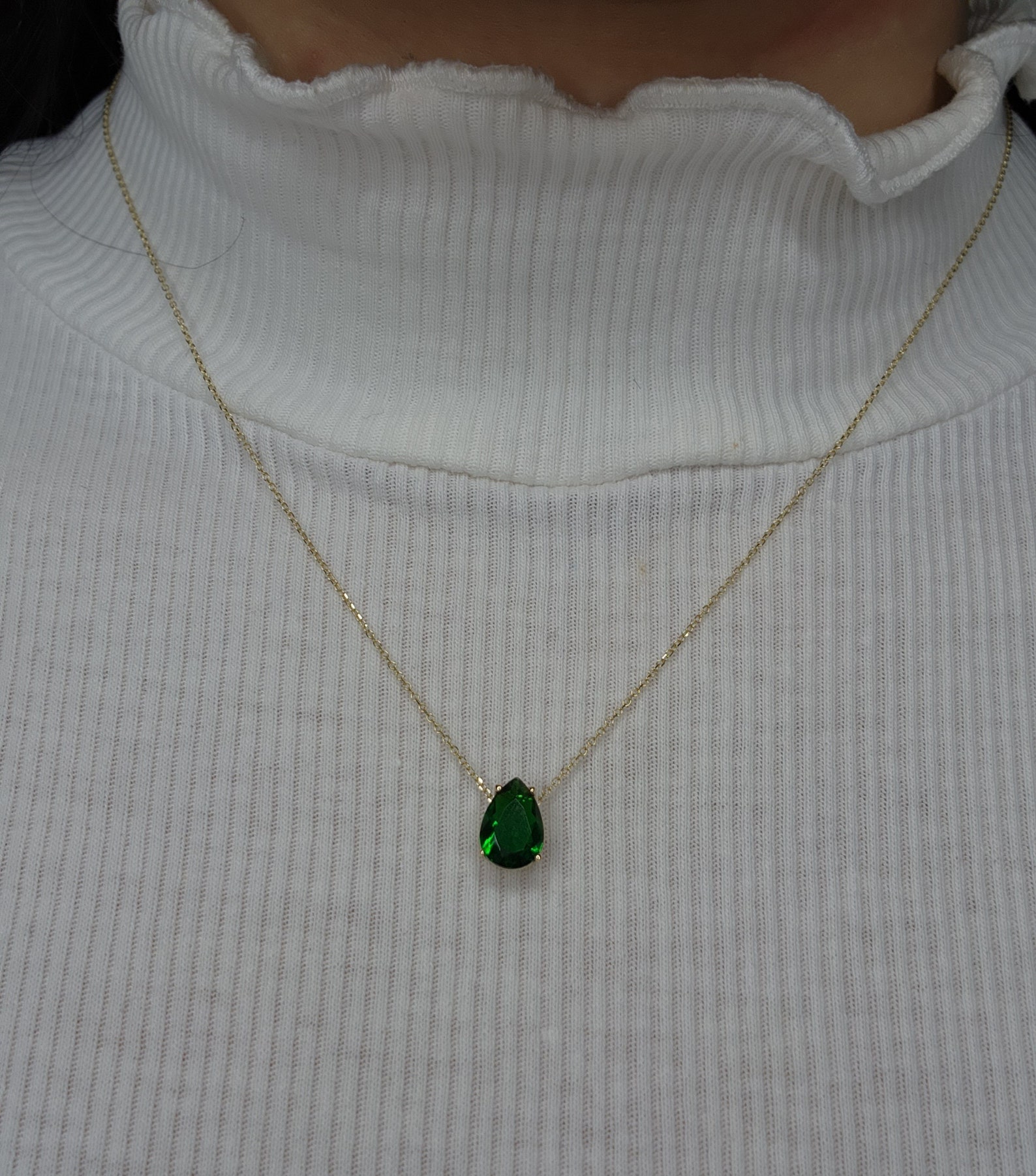 18K GOLD PLATED HEART, TEARDROP CRYSTAL, EMERALD CRYSTAL CHARMS NECKLACE, .5
