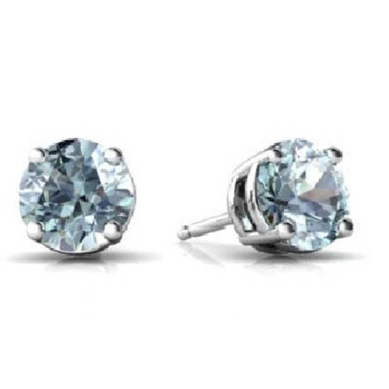 14Kt White Gold Natural Aquamarine Round Stud Earrings Dainty Gift For Her Bridesmaid Bridal Wedding Jewelry