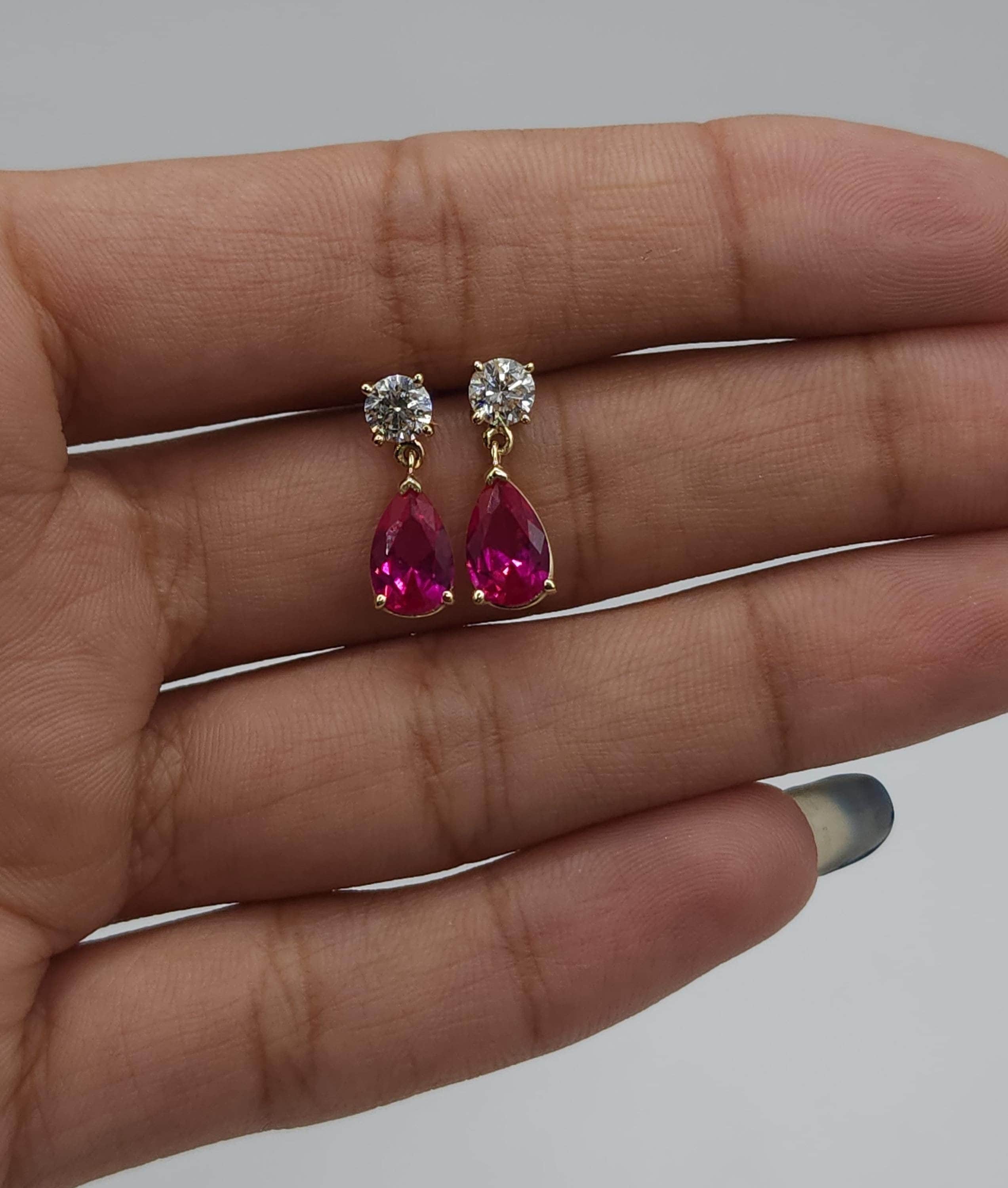 14K Gold Ruby Earrings, Ruby Diamond Earrings, Lab Grown Diamond Ruby Teardrop Stud Earrings, July Birthstone Earrings