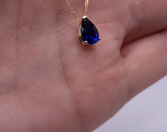 14Kt Gold Blue Sapphire Teardrop Necklace, Sapphire Pendant, September Birthstone Necklace, Sapphire Gold Necklace