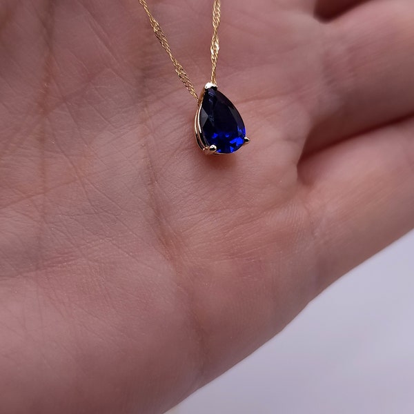 14Kt Gold Blauer Saphir Teardrop Halskette, Saphir Anhänger, September Birthstone Halskette, Sapphire Gold Halskette