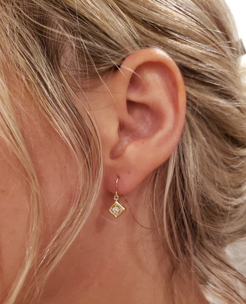 14Kt Gold Diamond Earrings, Diamond Dangle Earrings, Square Gold 14Kt Gold Diamond Earrings, Diamond Dangle Earrings, Square Gold