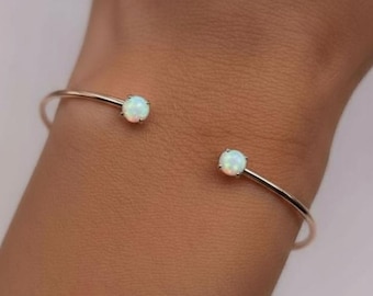 Brazalete de ópalo de oro de 14 quilates, pulsera redonda de ópalo, brazalete abierto, brazalete flexible, pulsera con piedra natal de octubre