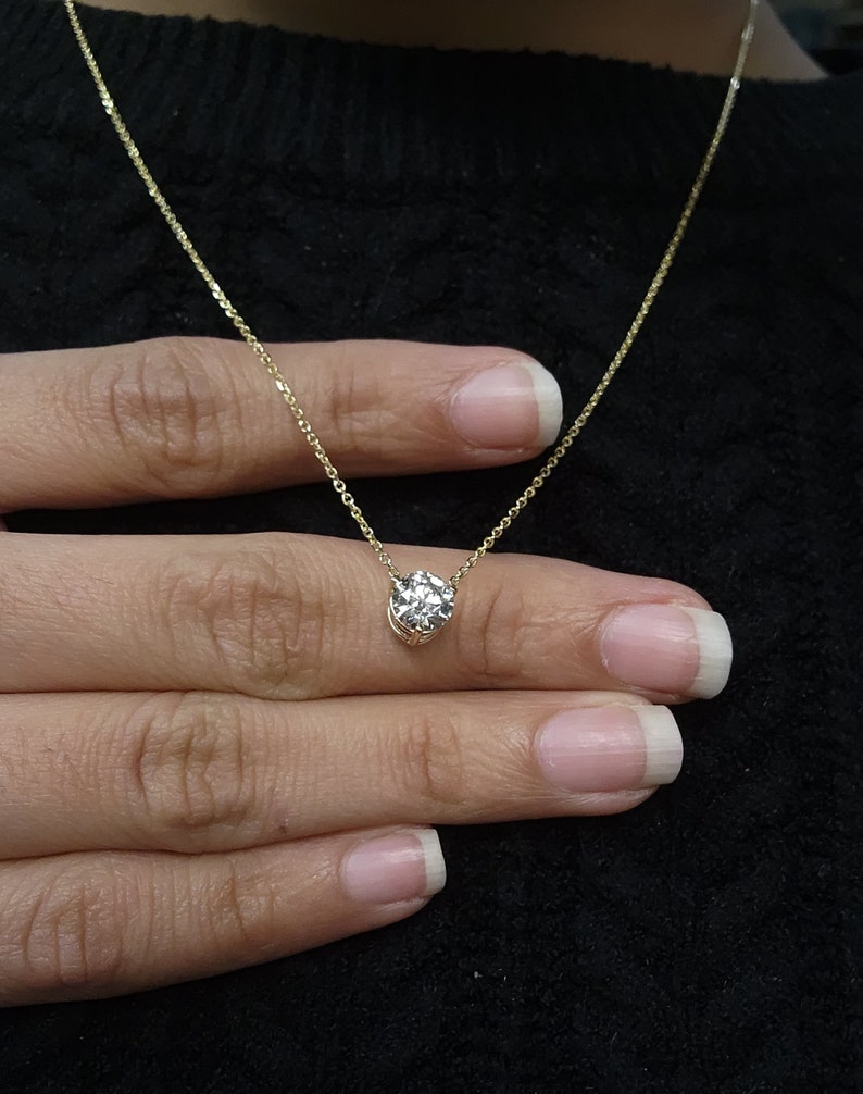 14K Gold 1 Ct Diamond Necklace, Lab Grown Diamond Pendant, 3 Prong Diamond Solitaire Necklace image 2